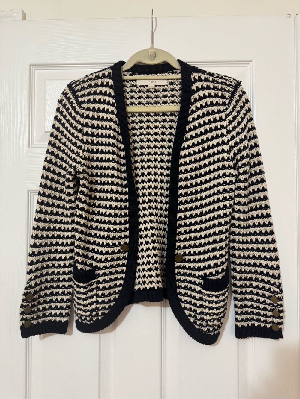 LOFT Navy Blue and White Striped Open-Front Knitted Cardigan
